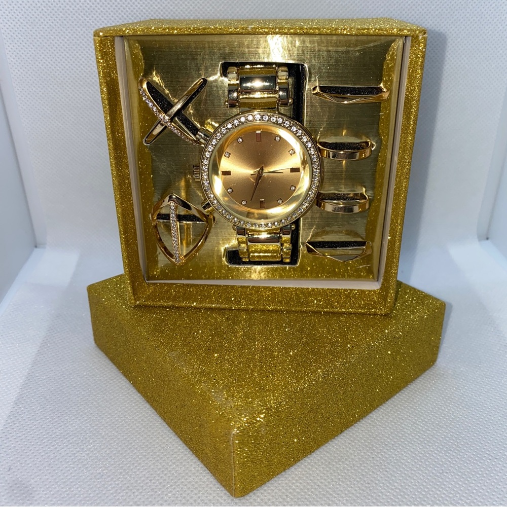 GOLD WATCH RING SET GIFT BOX MIDI RINGS BEAUTIFUL Women's Present Mother WIFE